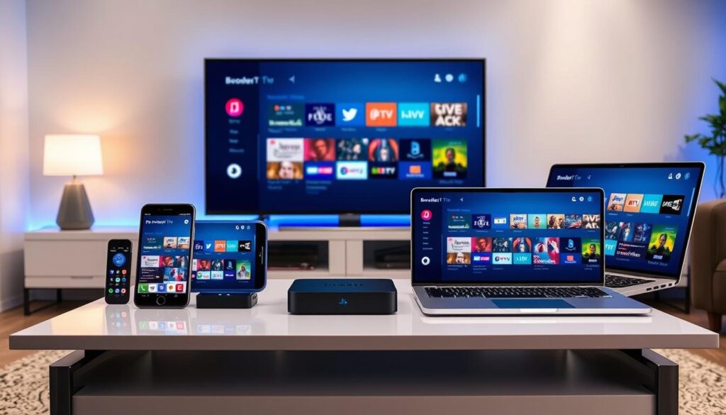 Différents appareils compatibles avec l'IPTV premium: Smart TV, smartphone, tablette, ordinateur et box TV