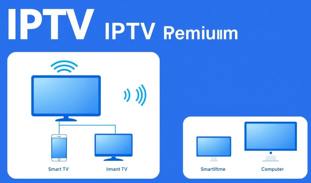 Illustration du fonctionnement de l'IPTV premium montrant la transmission de contenu via internet vers différents appareils