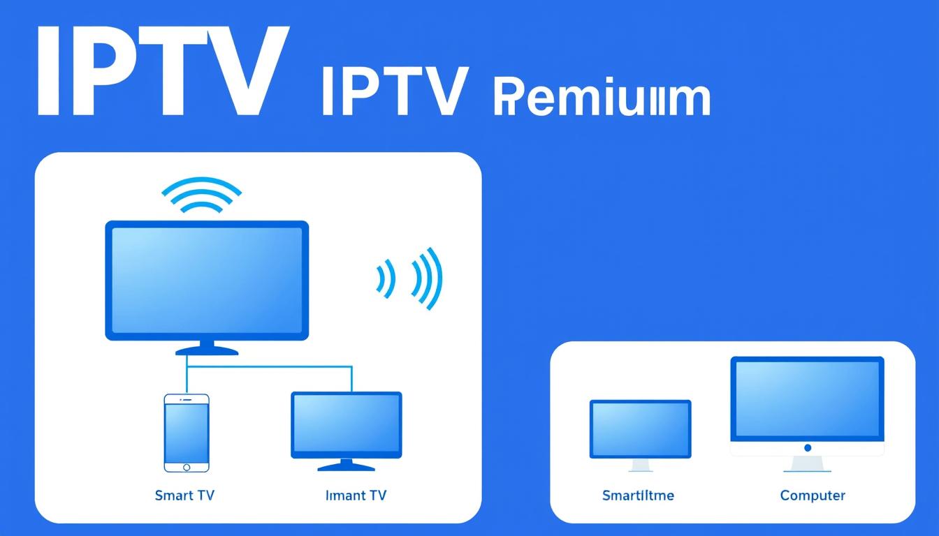 Illustration du fonctionnement de l'IPTV premium montrant la transmission de contenu via internet vers différents appareils