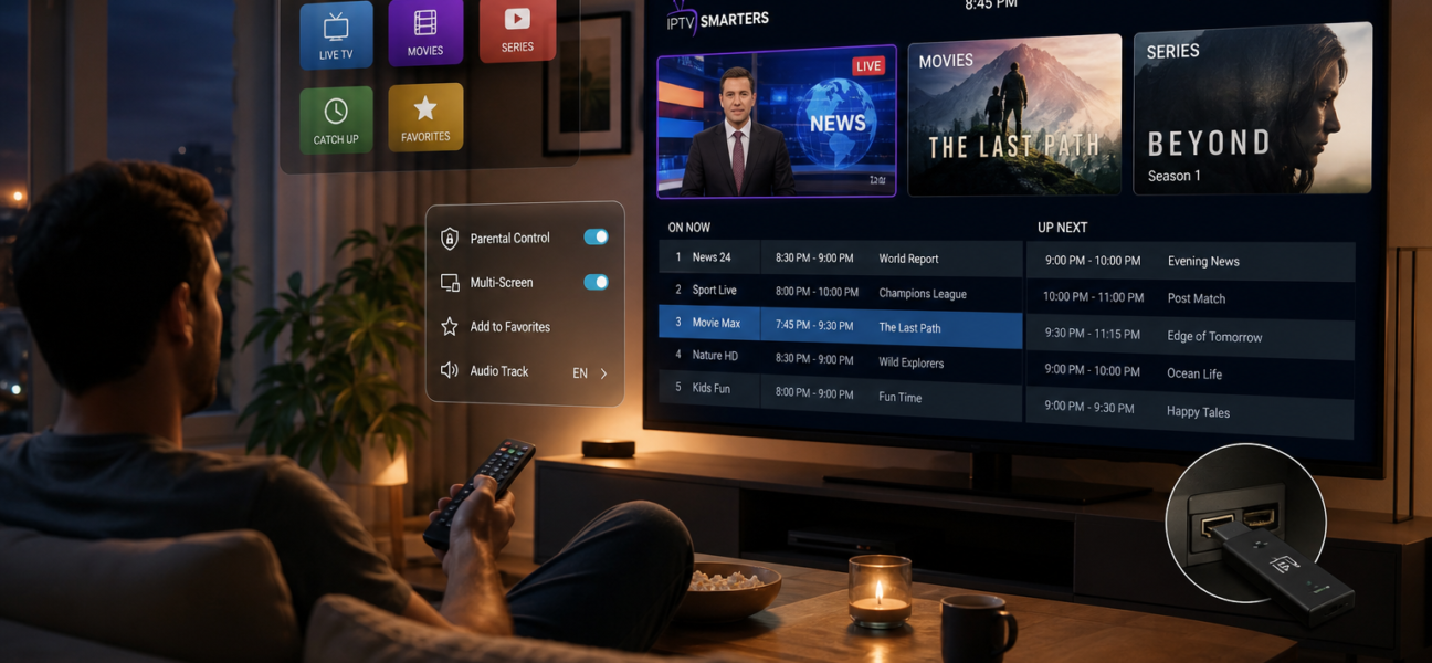 Smart TV streaming interface with live news, movies, and series options, plus app shortcuts and settings controls