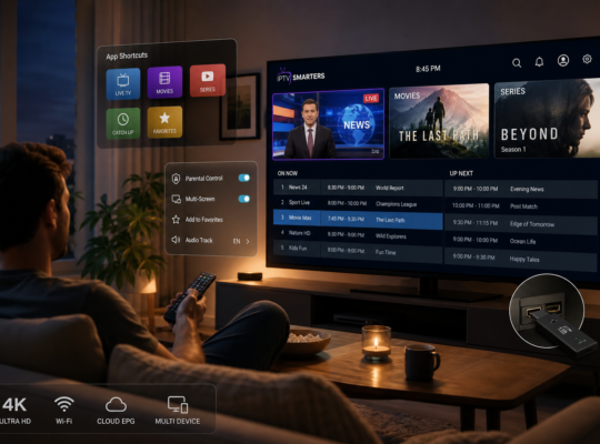 Smart TV streaming interface with live news, movies, and series options, plus app shortcuts and settings controls