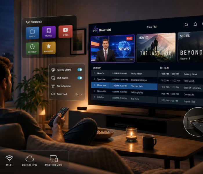 Smart TV streaming interface with live news, movies, and series options, plus app shortcuts and settings controls