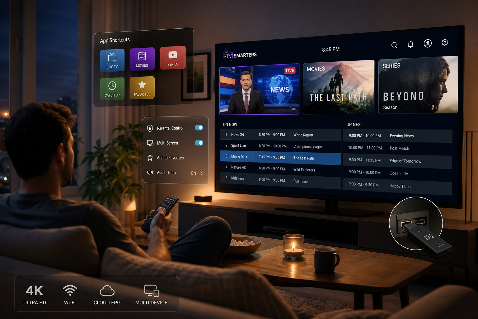 Smart TV streaming interface with live news, movies, and series options, plus app shortcuts and settings controls
