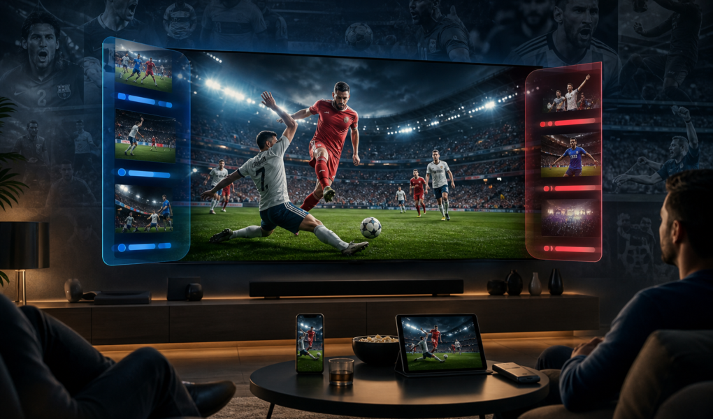 Soccer match shown on a large TV, with the same game mirrored on a phone and tablet in a living room