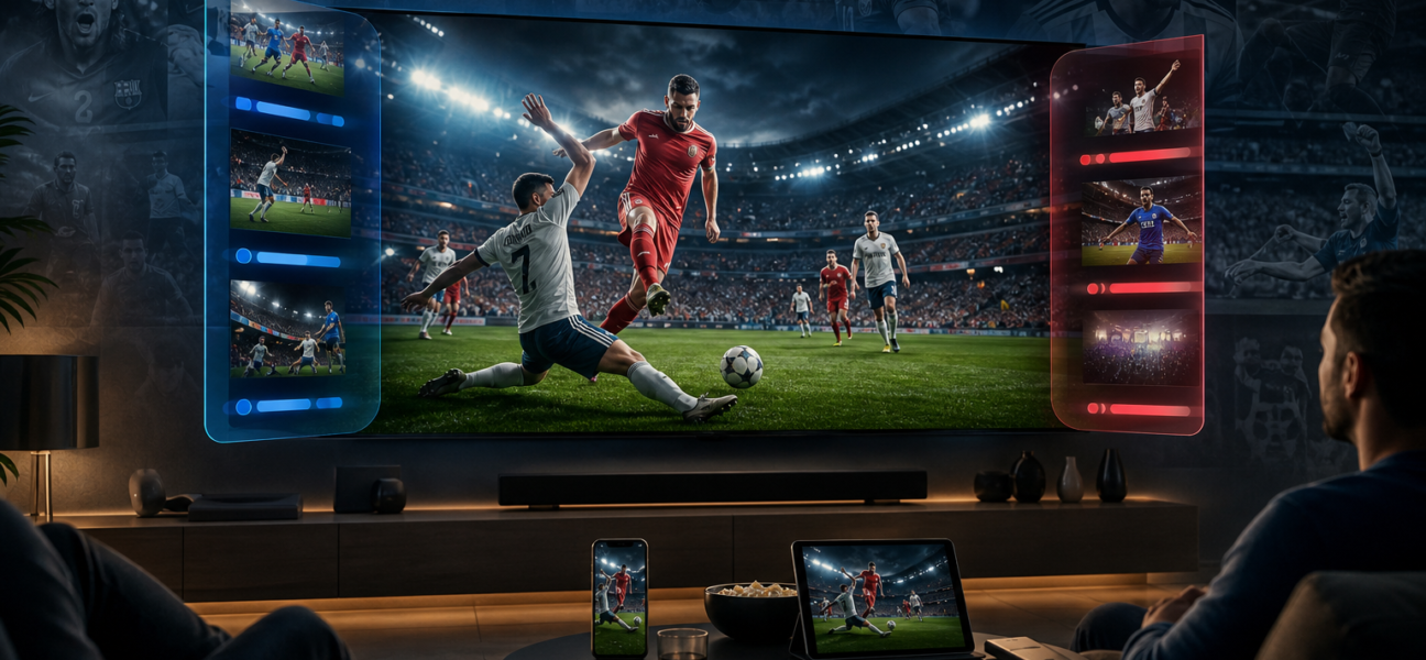 Soccer match shown on a large TV, with the same game mirrored on a phone and tablet in a living room