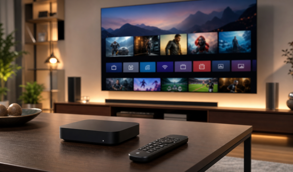 Streaming media player and remote on a coffee table in a living room with a TV showing a media home screen