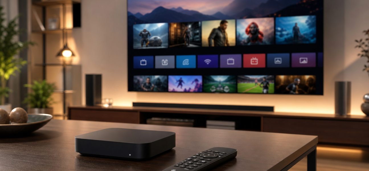 Streaming media player and remote on a coffee table in a living room with a TV showing a media home screen