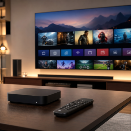 Streaming media player and remote on a coffee table in a living room with a TV showing a media home screen
