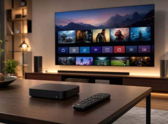 Streaming media player and remote on a coffee table in a living room with a TV showing a media home screen