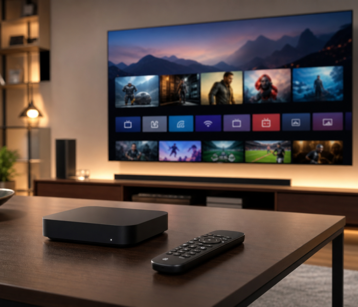 Streaming media player and remote on a coffee table in a living room with a TV showing a media home screen