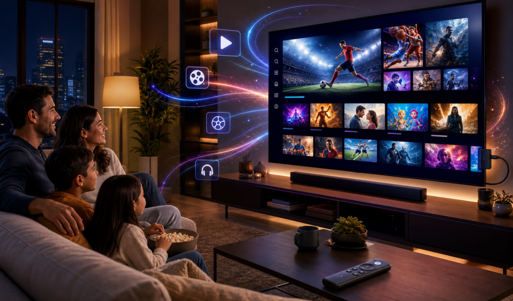 Family watching a streaming TV interface with sports, movies, and shows on a large screen in a living room