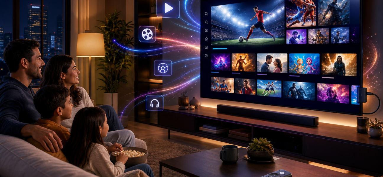 Family watching a streaming TV interface with sports, movies, and shows on a large screen in a living room