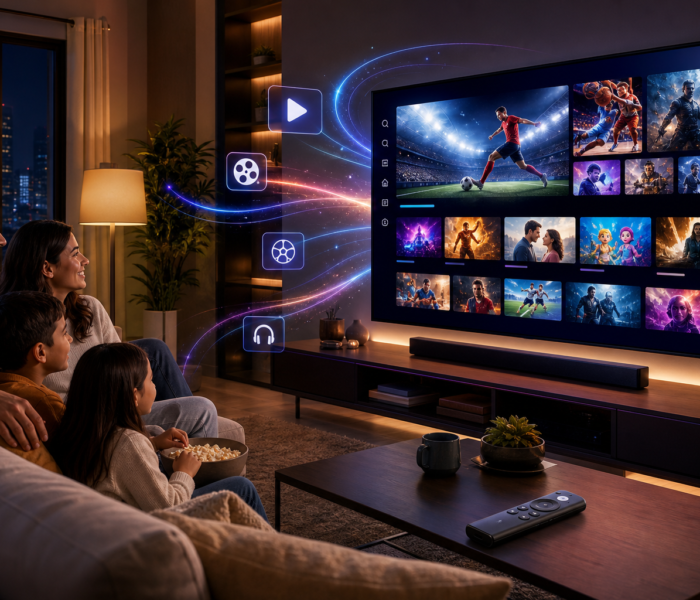 Family watching a streaming TV interface with sports, movies, and shows on a large screen in a living room