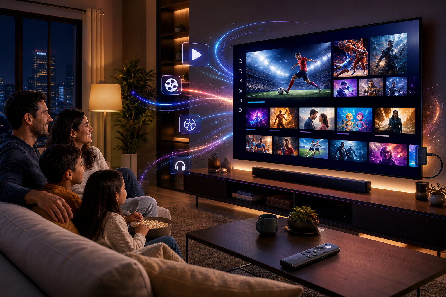 Family watching a streaming TV interface with sports, movies, and shows on a large screen in a living room